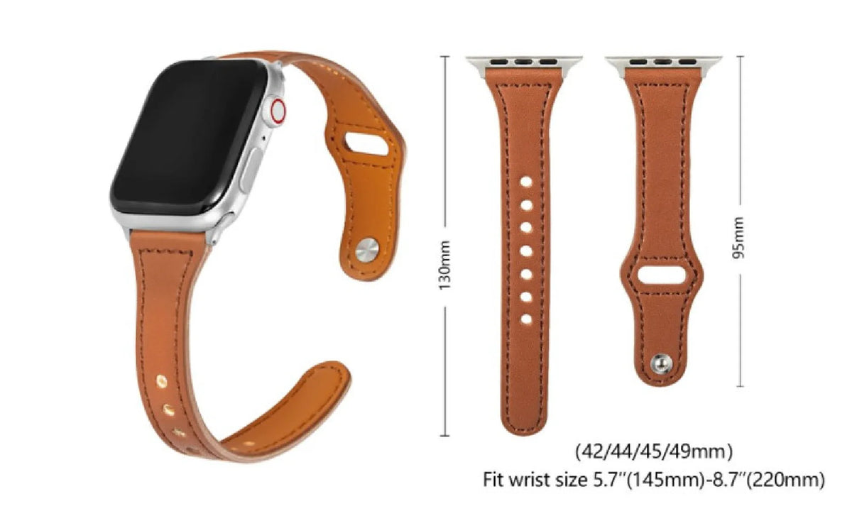 A tan leather watch band shown attached to a silver smartwatch on the left, with two flat band views on the right labeled 130mm and 95mm, plus text indicating fit for wrist sizes 5.7-8.