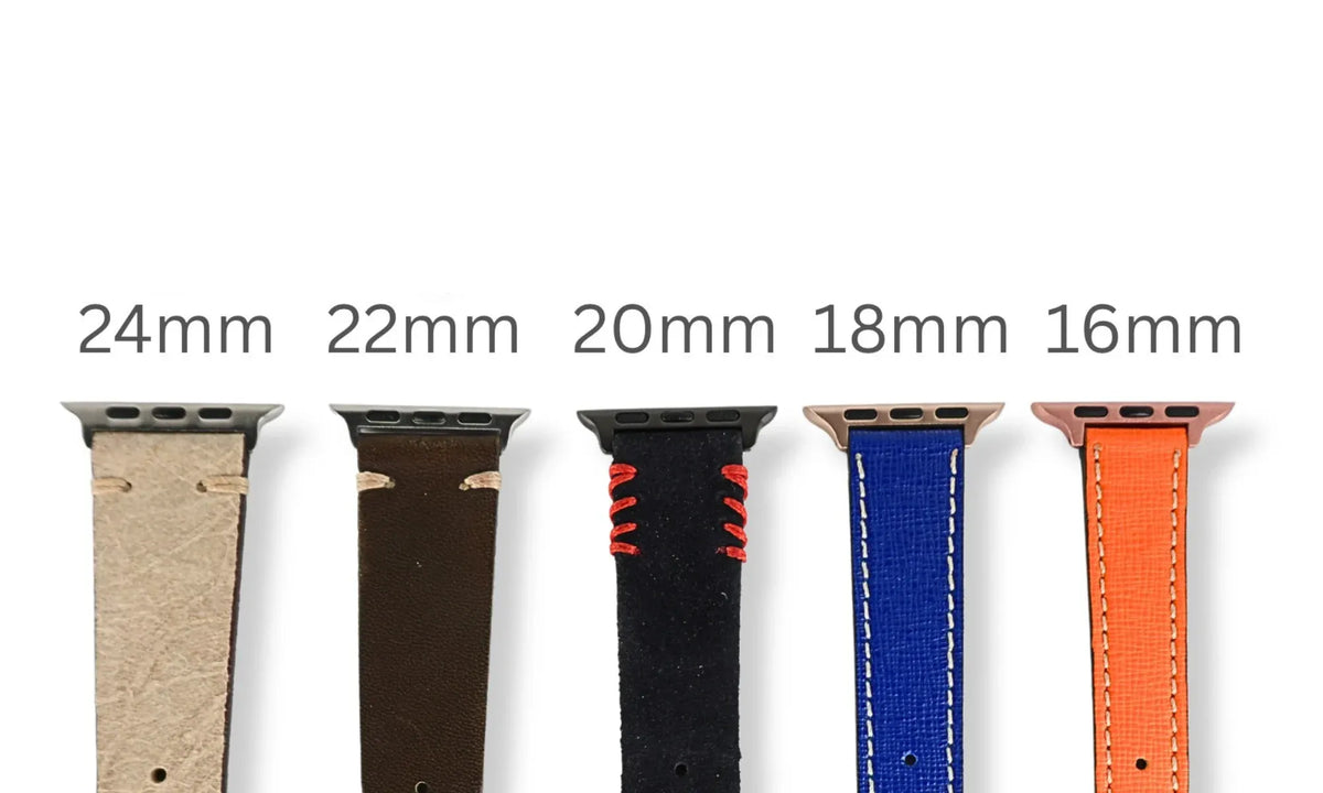 Five watch band width options labeled 24mm, 22mm, 20mm, 18mm, and 16mm, shown vertically on a white background. The bands are light beige, dark brown, black with red stitching, blue with white stitching, and orange with white stitching.