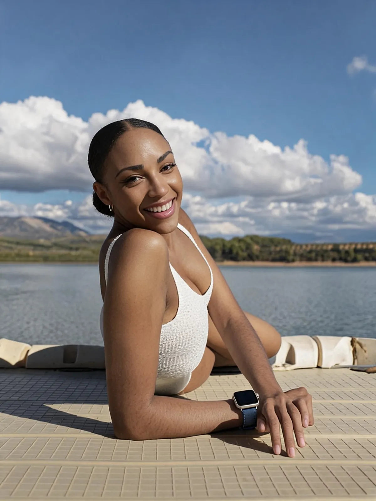 black woman wear smart watch and lay on lakeside