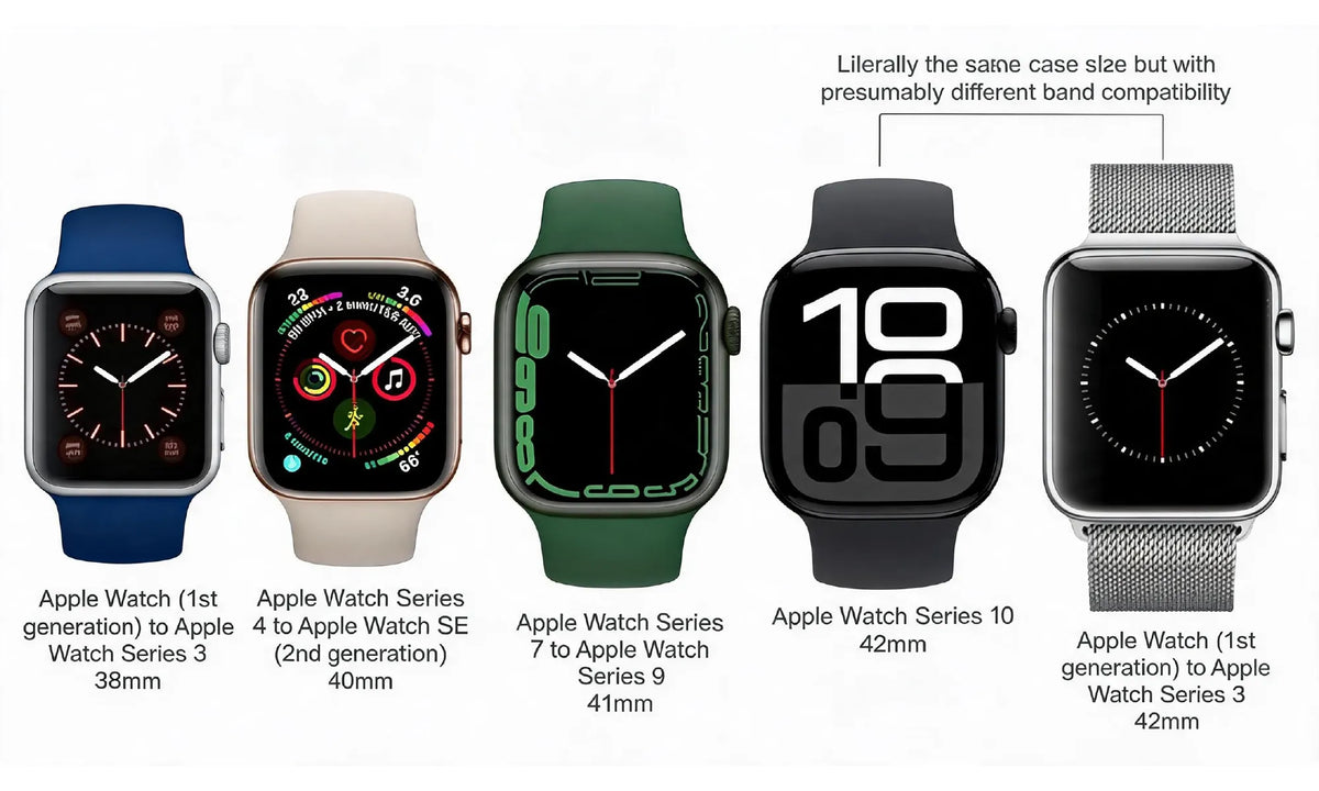 Six Apple Watch models shown side by side on a white background, each with a different watch band and case color, plus text labels describing compatibility and size comparisons.