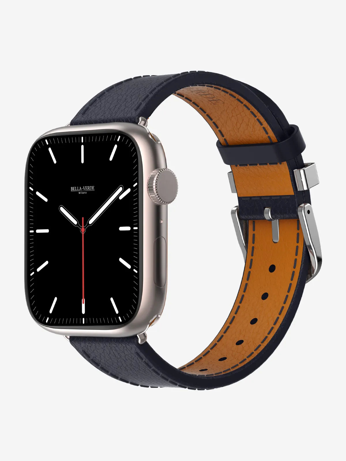 A silver smartwatch with a black face and a dark navy blue leather strap featuring a tan interior, shown on a light gray background.