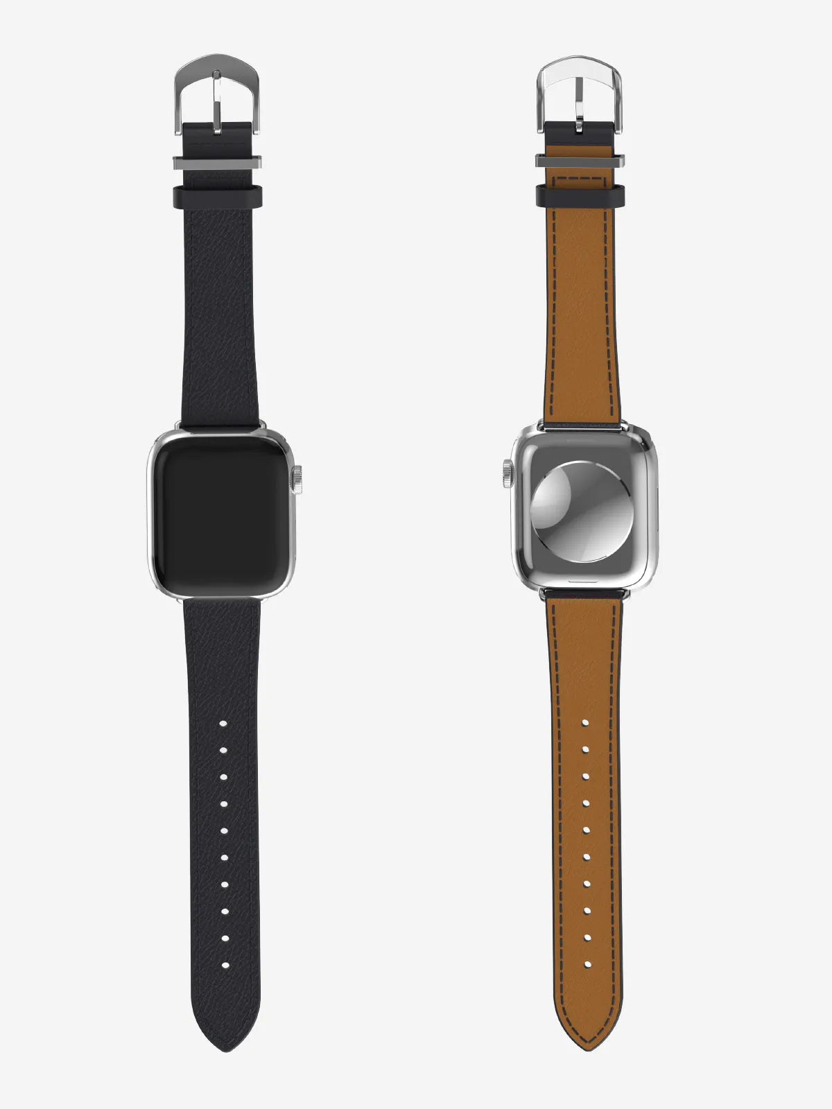 Two smartwatches with rectangular black screens are shown side by side on a light gray background, each fitted with a leather watch strap. The left strap is black, and the right strap is tan/cognac brown.