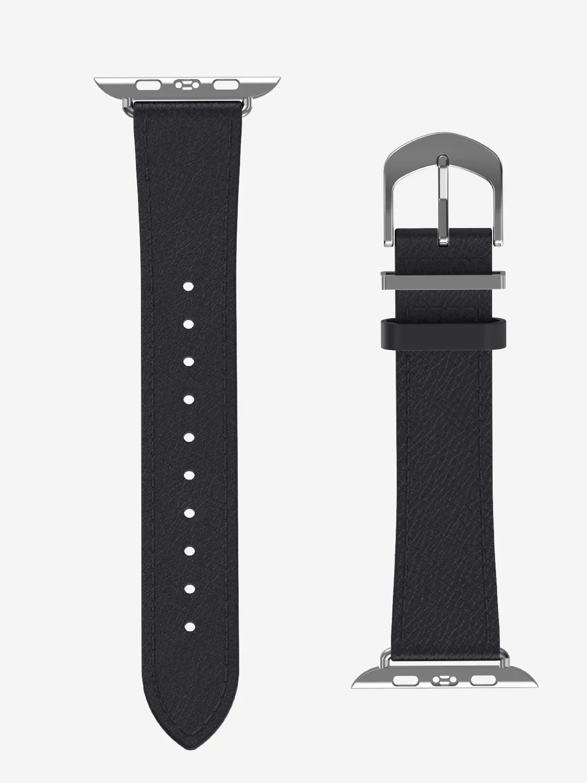 A black textured leather watch band shown from two angles: a flat view of the strap with silver-toned hardware on the left, and a side view of the buckle and clasp on the right, set against a plain light gray background.
