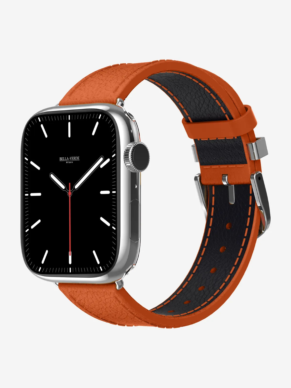 An Apple Watch with a silver case and a textured orange leather strap featuring black stitching and a black interior lining, shown on a light gray background.