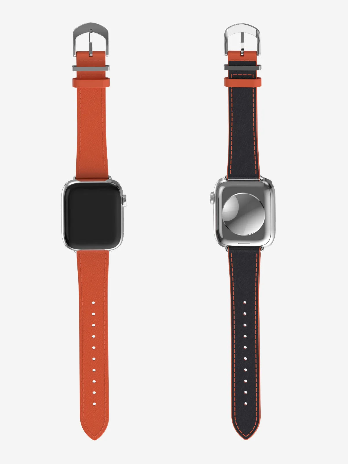 Two smartwatch strap options shown side by side on silver watch casings against a light gray background. The left strap is a bright orange/coral color, and the right strap is black with orange stitching and silver-toned hardware.