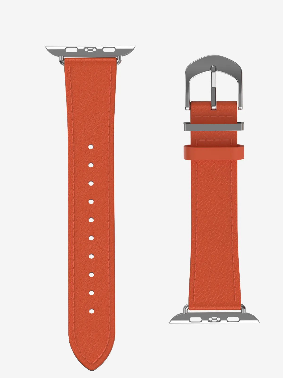 An orange textured leather watch band shown from two angles: a flat view displaying the strap length and holes, and a side view showing the silver-tone buckle, loop, and connector hardware.