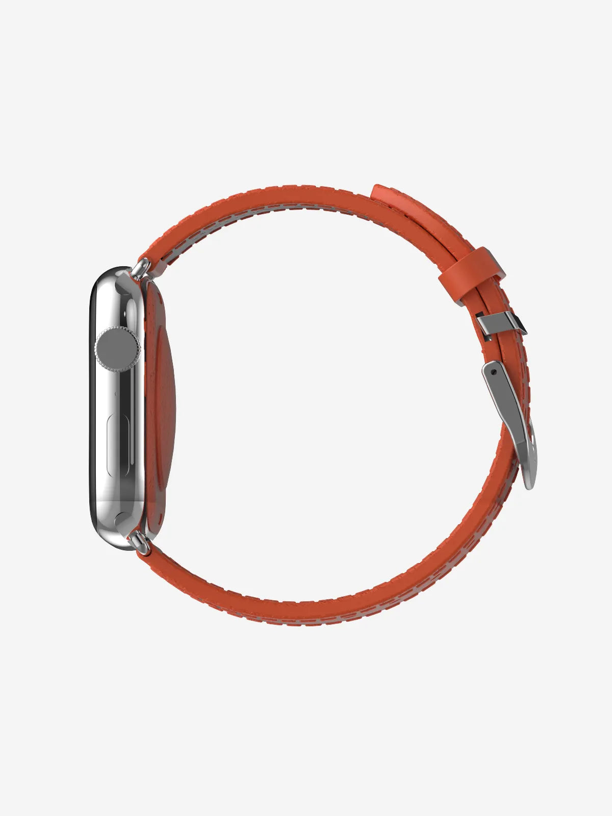 A side profile view of a smartwatch with a textured orange-red leather strap and a silver metallic case, shown against a plain light gray background.
