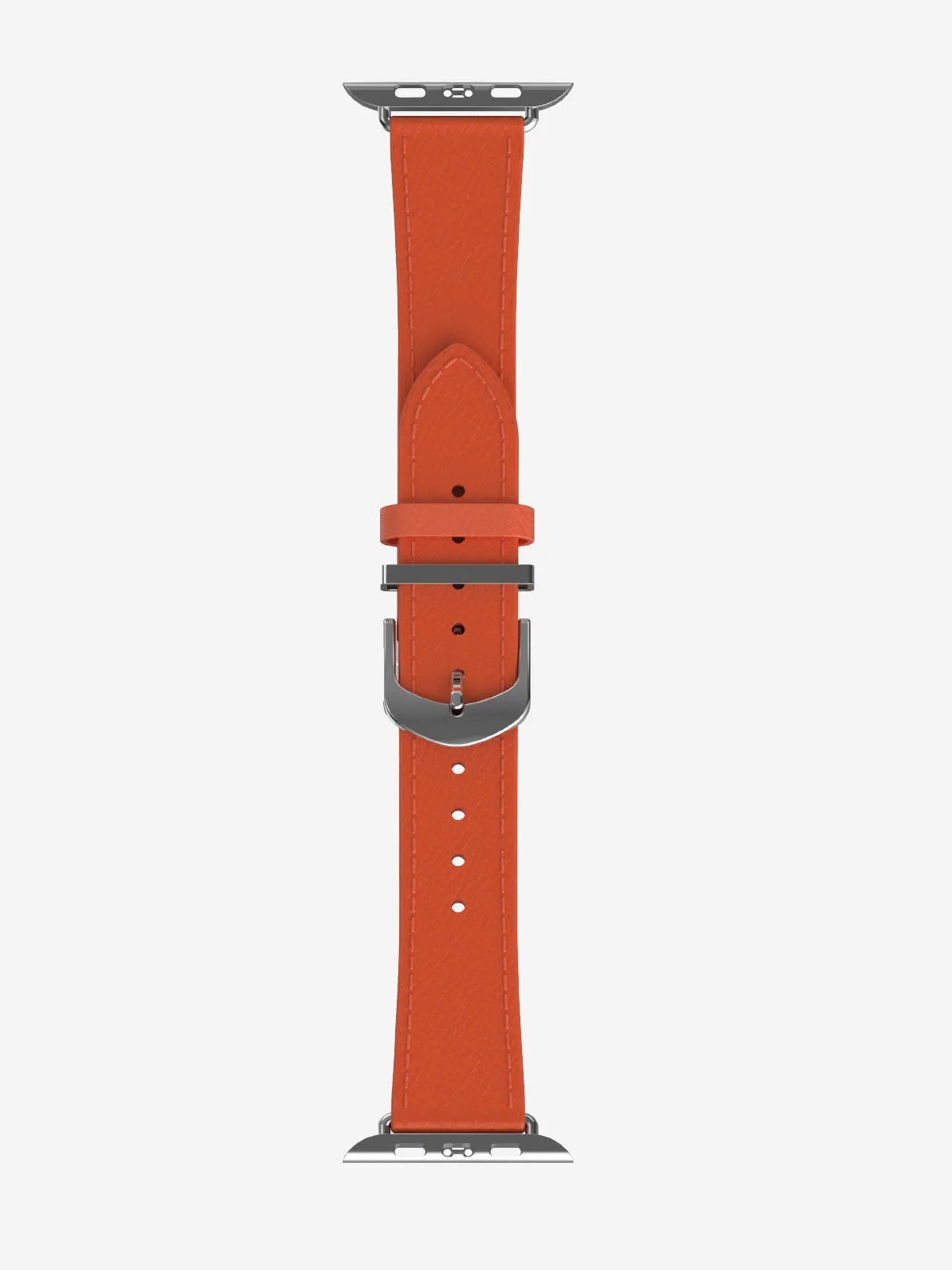 An orange leather watch band with a silver metal buckle and connector hardware, shown vertically against a light gray background.
