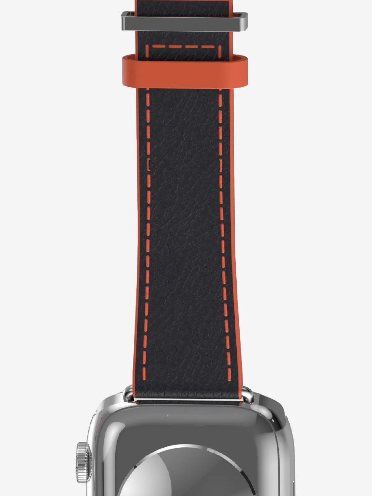 Close-up of a smartwatch strap with a black textured leather-like surface, orange contrast stitching, and an orange loop, attached to a silver watch case against a light gray background.