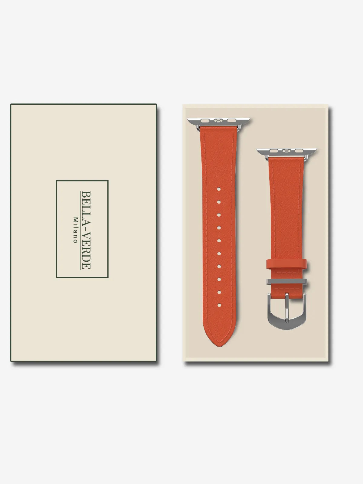 An orange-red leather watch strap displayed next to its cream-colored packaging box, which features the brand name 'BELLA VERA' and 'Milano'.