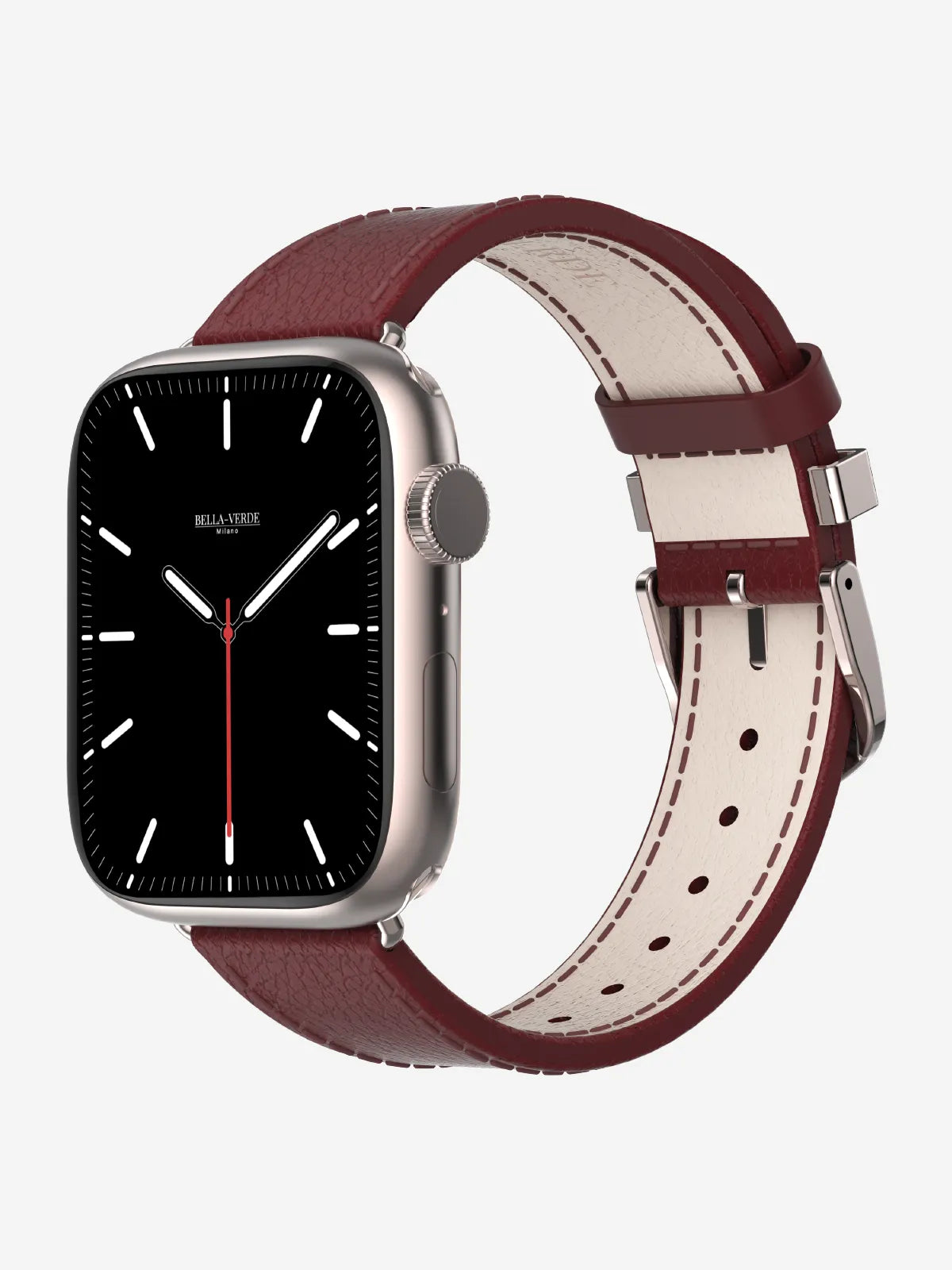 A silver smartwatch with a black digital face and a burgundy leather strap with cream stitching, shown on a light gray background.