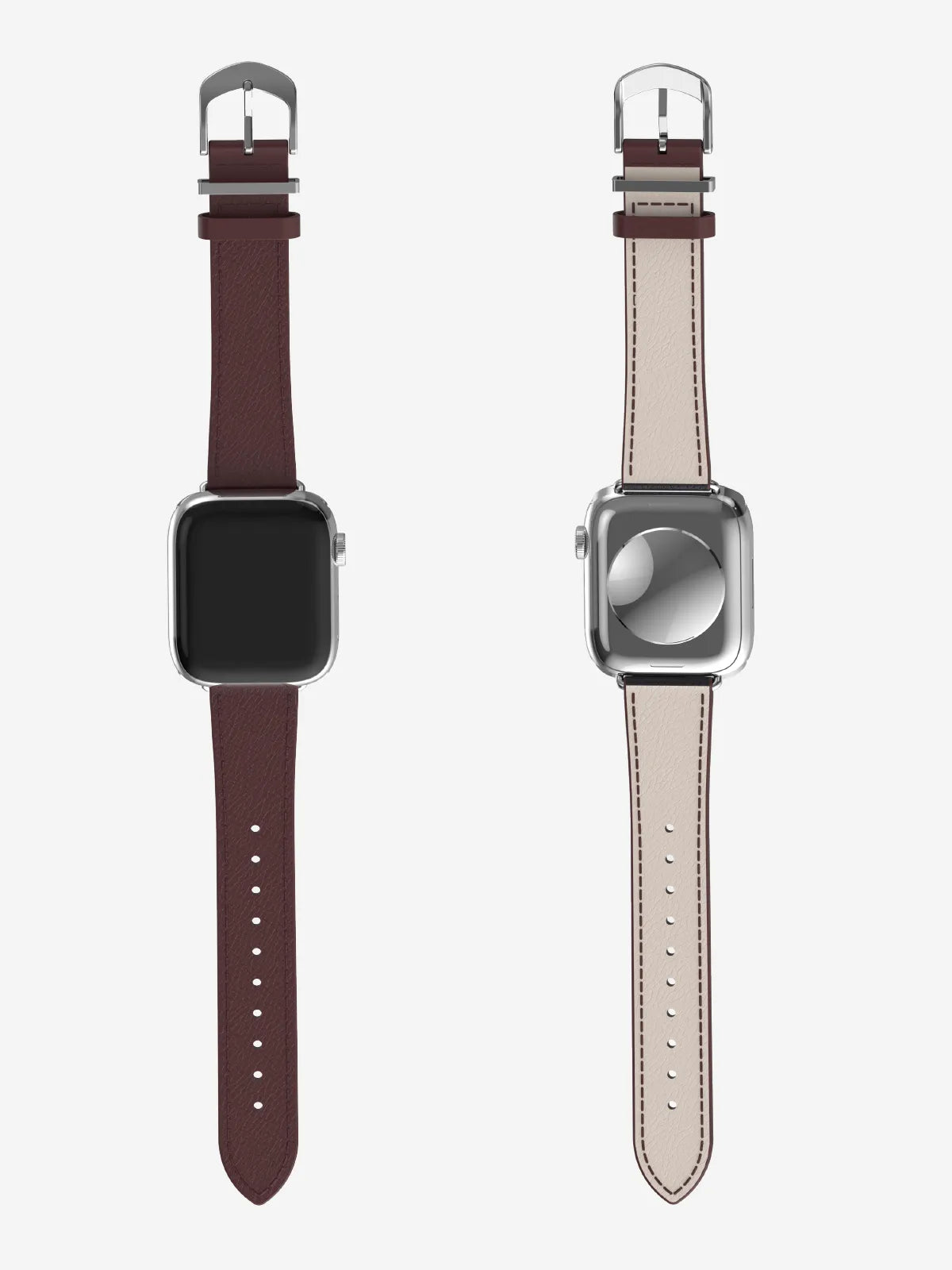 Two smartwatch straps shown side by side on silver smartwatches against a light gray background. The left strap is a dark burgundy-brown leather, and the right strap is a light beige leather.