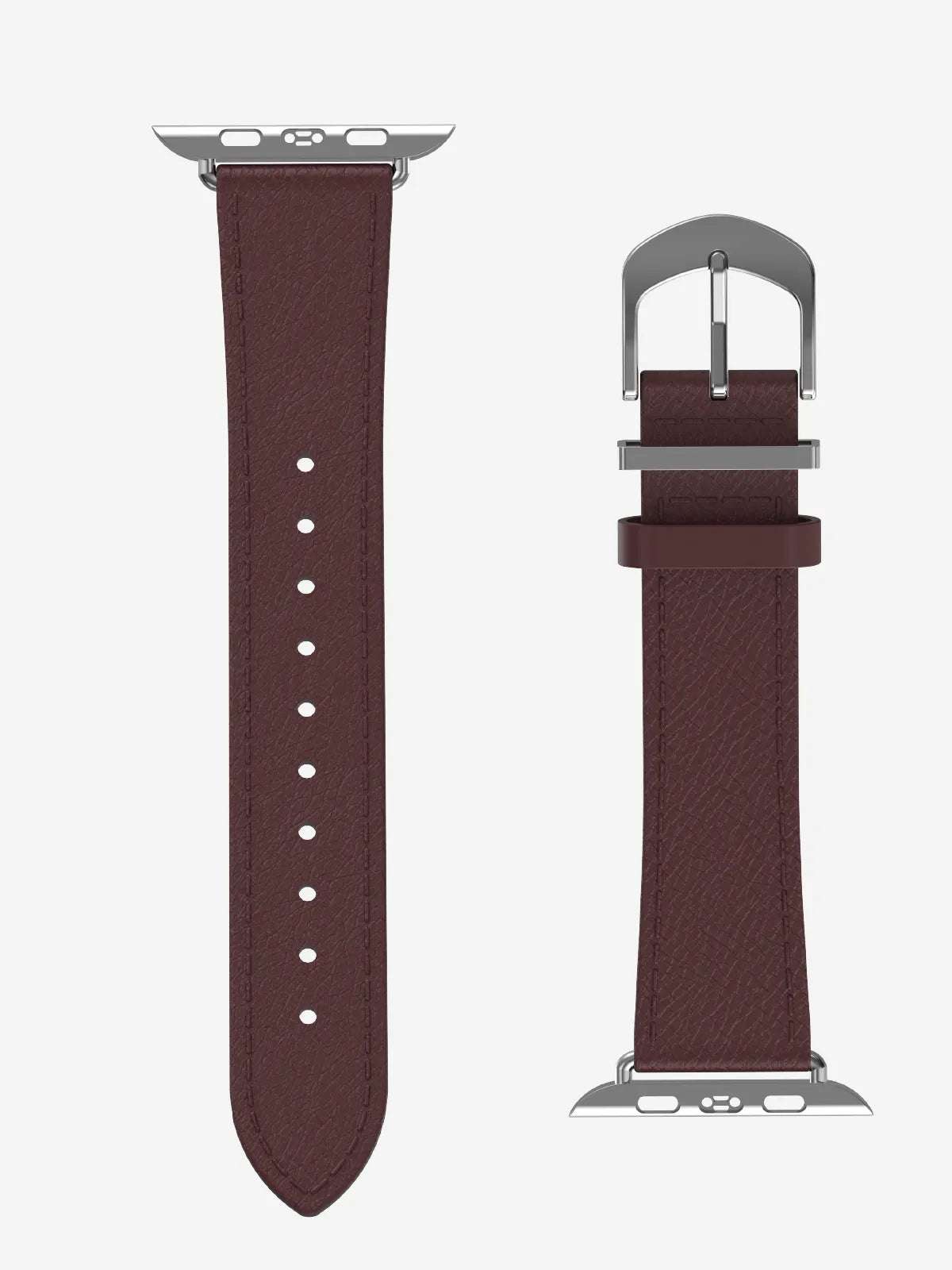A black textured leather watch band shown from two angles: a flat view of the strap with silver-toned hardware on the left, and a side view of the buckle and clasp on the right, set against a plain light gray background.