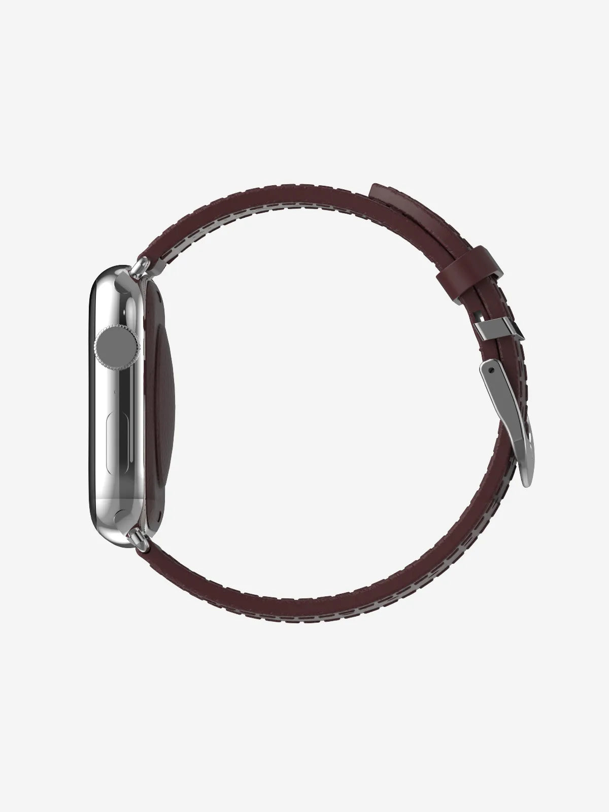 A dark brown leather watch band with a silver metal buckle and side lugs, shown on a silver smartwatch casing against a light gray background.