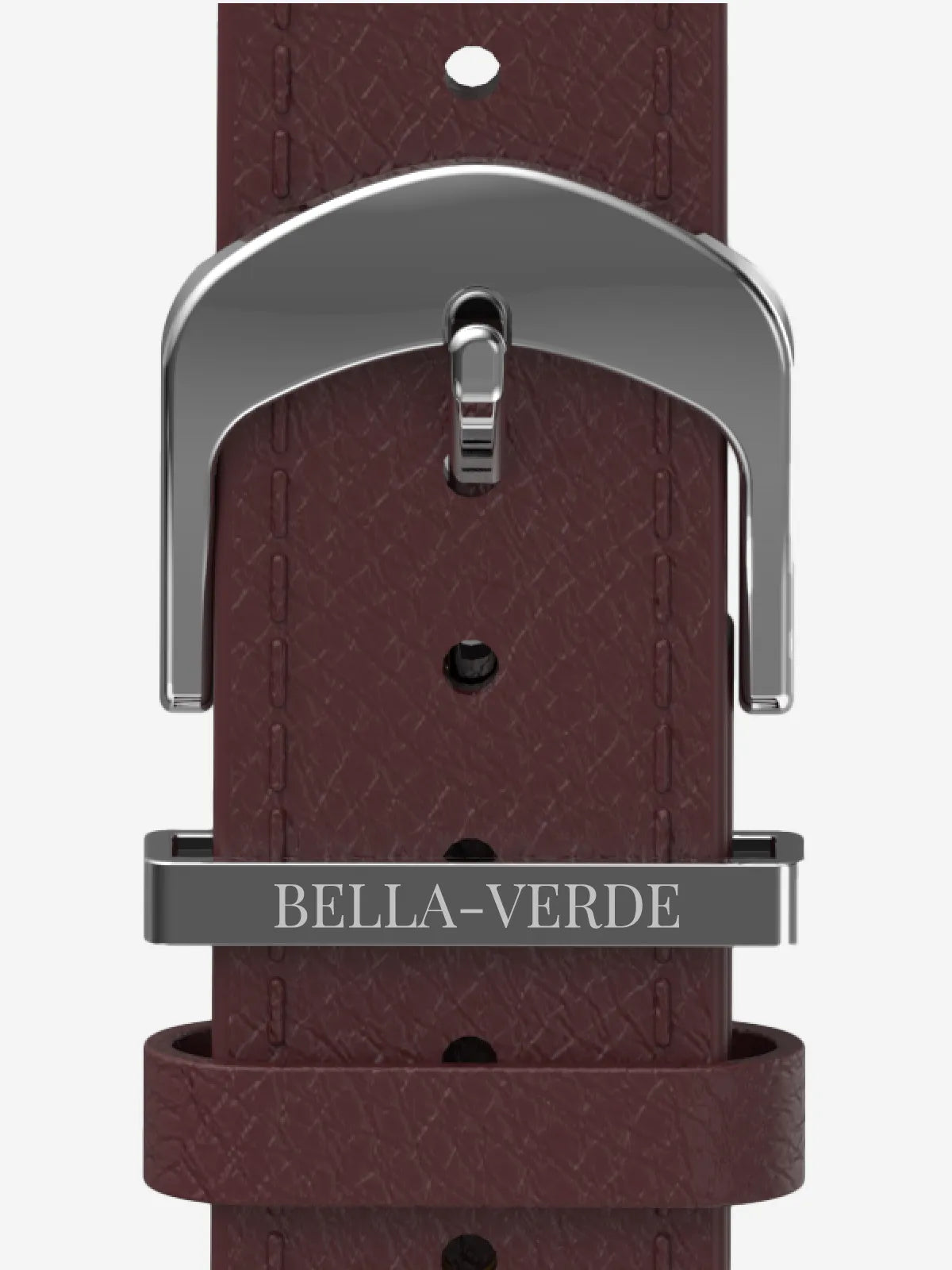 A close-up of a dark burgundy leather watch strap with a textured pattern, featuring a polished silver-tone buckle and a silver keeper engraved with the brand name BELLA-VERDE.