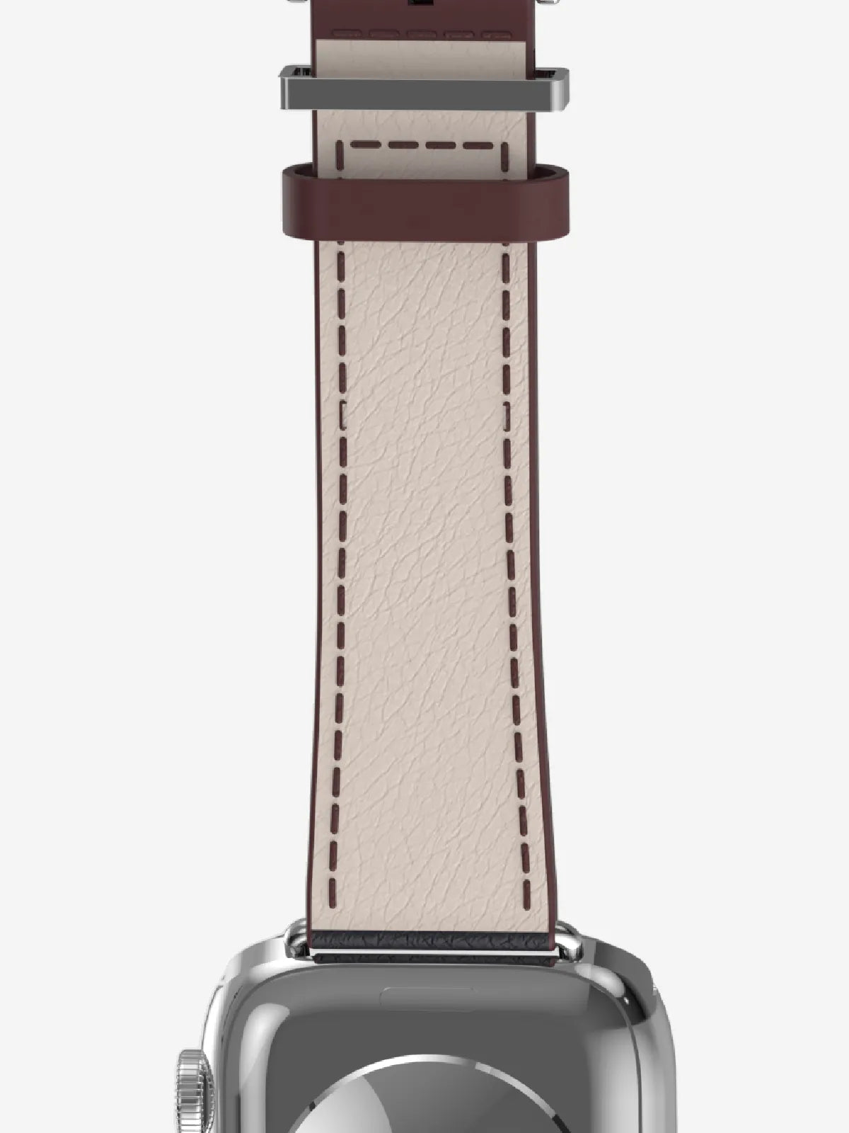 Close-up of a smartwatch strap with a light beige textured leather band, dark brown stitching, and a dark brown buckle, attached to a silver-toned watch case.