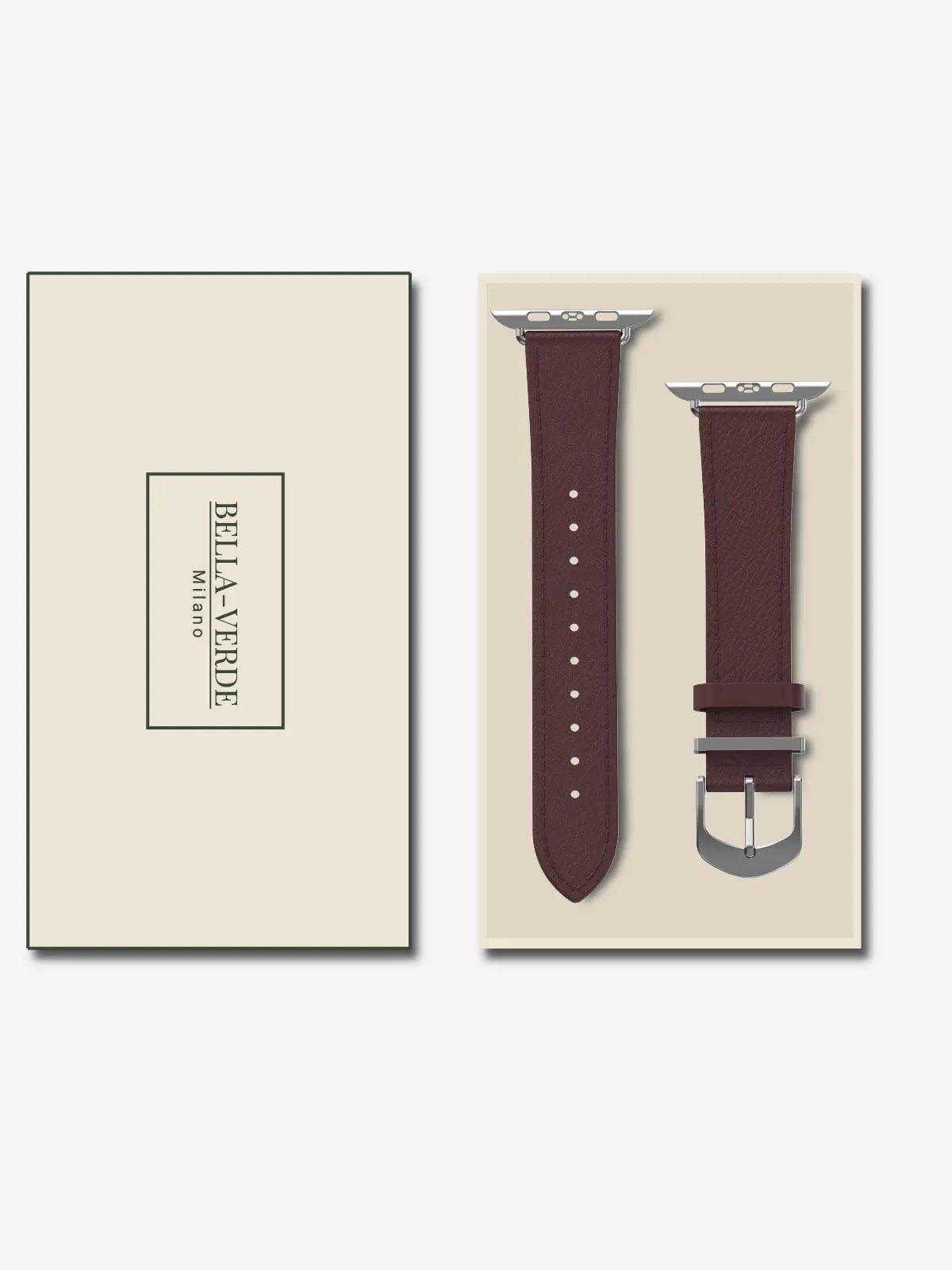 A dark brown leather watch strap displayed next to its cream-colored packaging box, which features the brand name 'BELLA VERADE MILANO'.