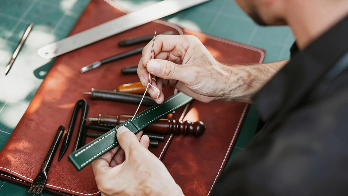 A close-up of a leathercraft or tailoring process, showing a person's hands holding a green leather strip with white stitching while sewing it with a needle and thread. A brown leather tool roll with various tools is visible in the background on a green cutting mat.