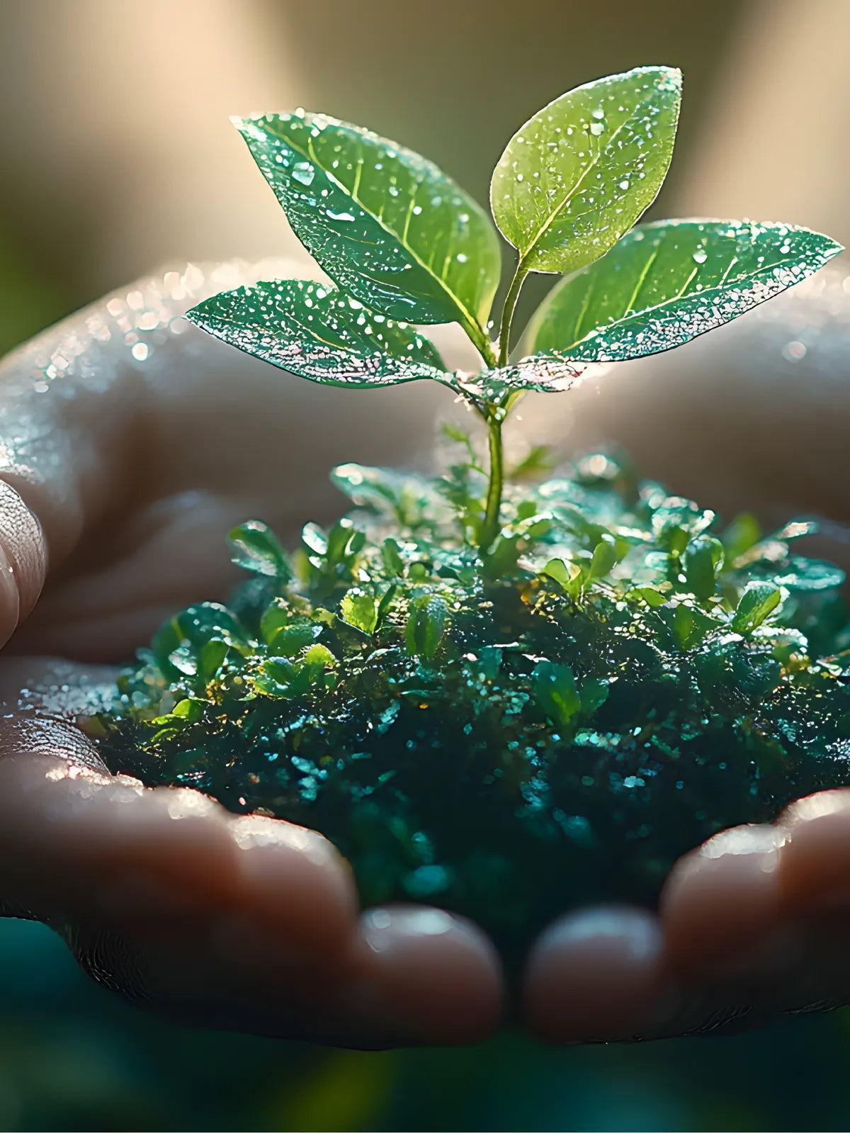 A close-up of two cupped hands holding a small green plant with dewy leaves and fresh moss, set against a soft blurred natural background.