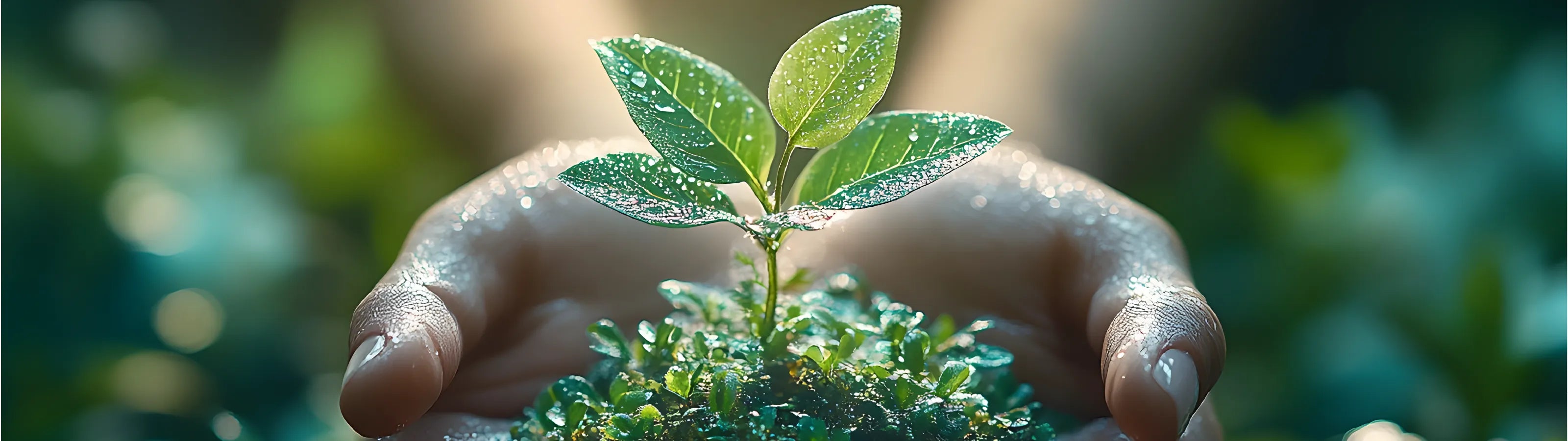 A close-up of two hands holding a small green plant with dewy leaves on a bed of moss, set against a soft, blurred natural green background.